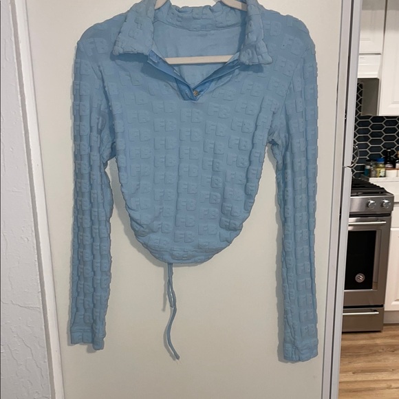 Frankie's Bikinis Tops - Frankie's Bikinis Light Blue Long Sleeve Textured Polo Top